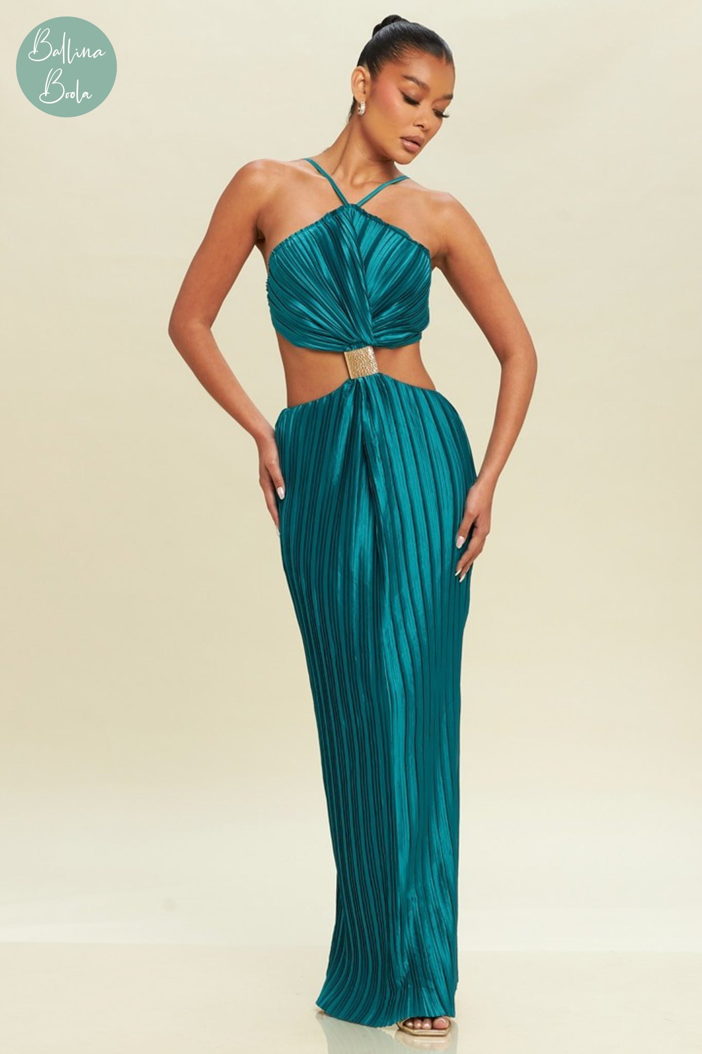 Vestido verde teal plisado