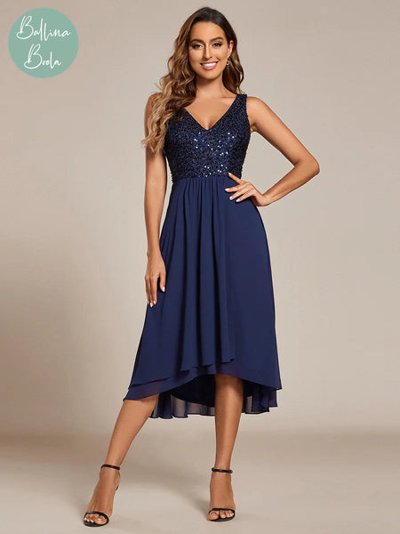 Vestido azul navy midi con lentejuelas