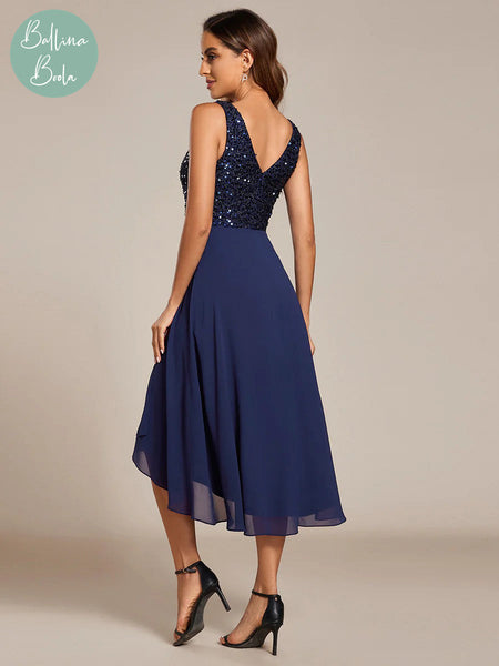 Vestido azul navy midi con lentejuelas