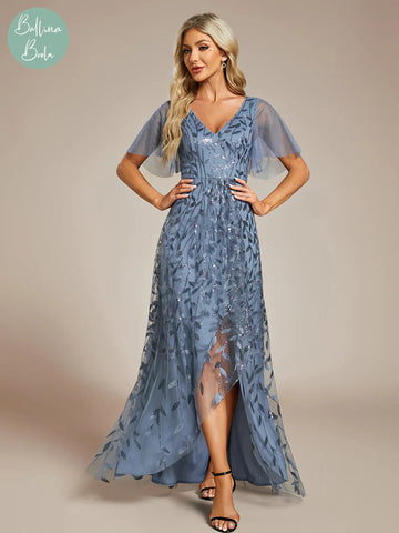 Vestido dusty blue con hojas