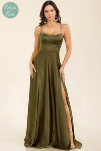 Vestido verde oliva de satin con tirantes