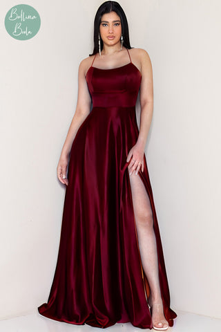 Vestido vino de satin con tirantes