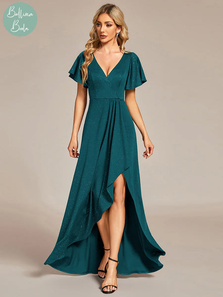 Vestido verde teal asimetrico