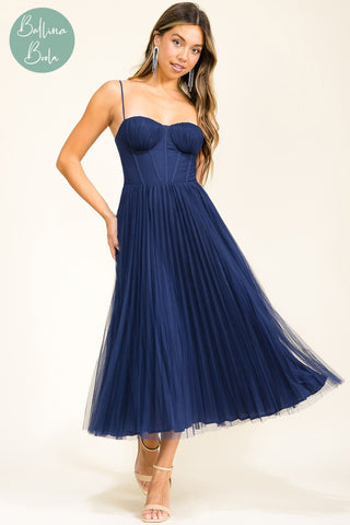 Vestido azul maxi plisado