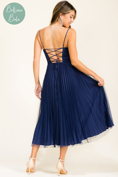 Vestido azul maxi plisado