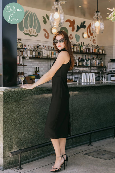 Vestido negro midi un hombro