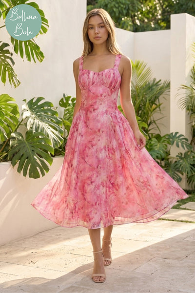Vestido rosa estampado midi