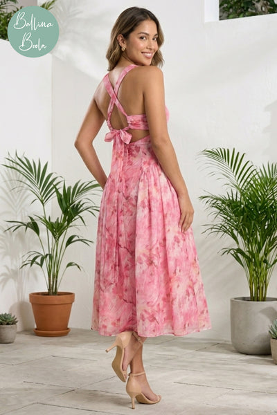 Vestido rosa estampado midi