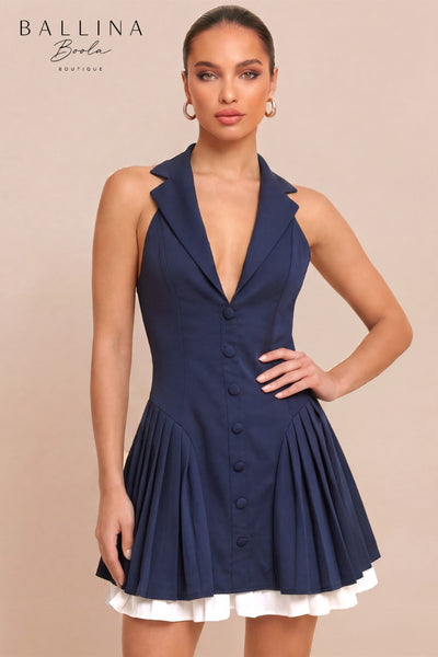 Vestido azul navy y blanco corto
