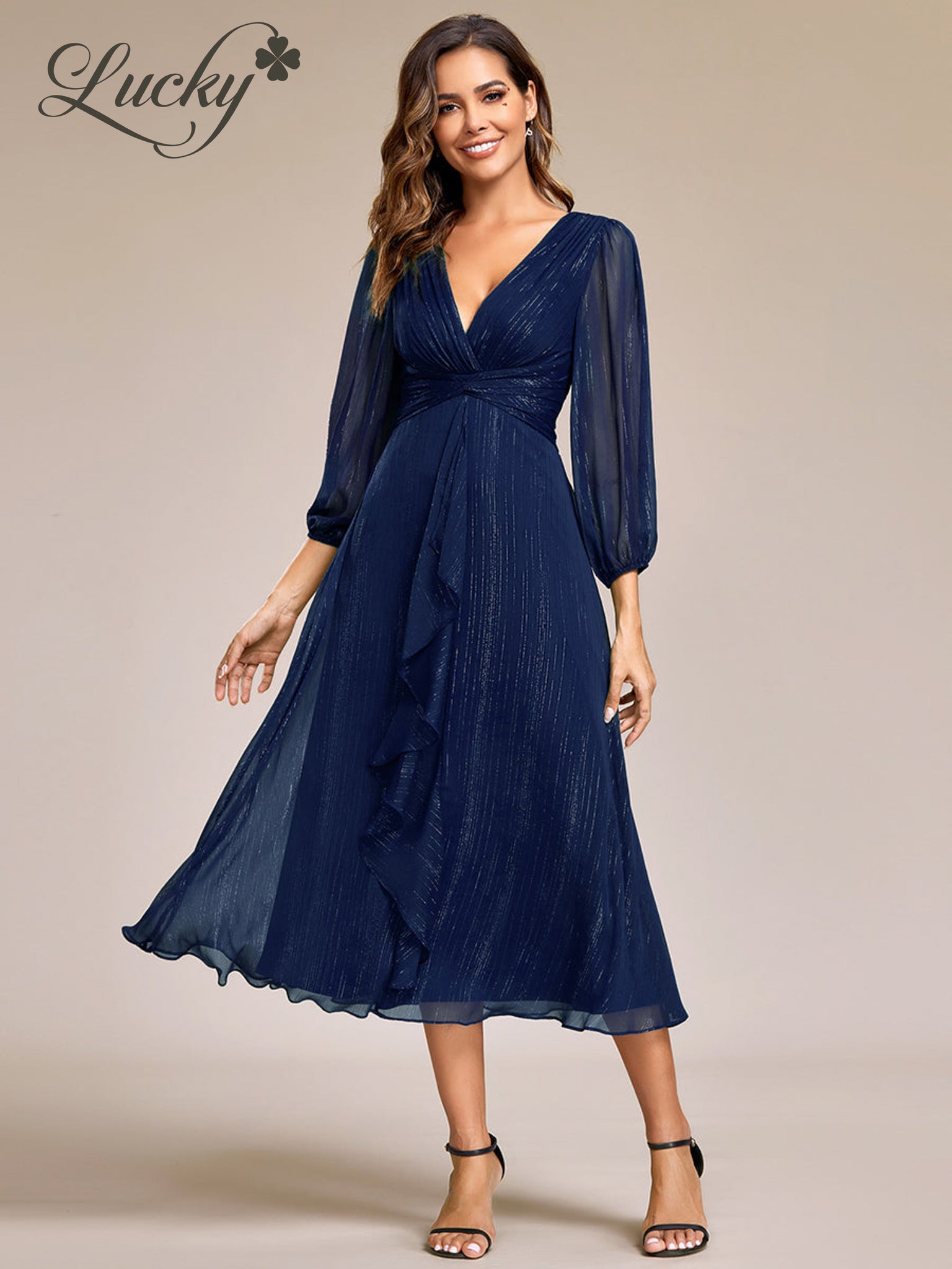 Vestido azul navy midi manga larga