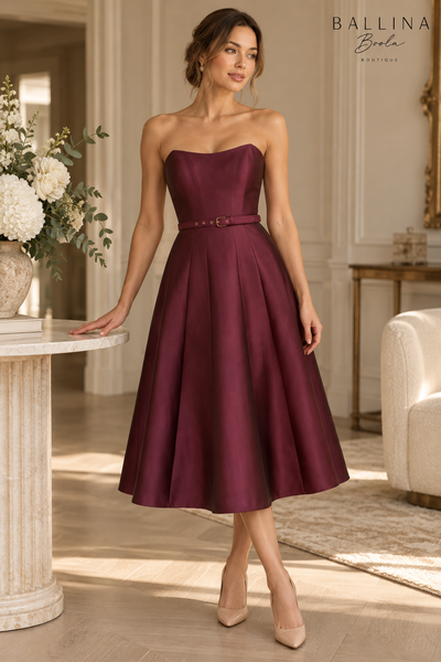 Vestido midi strapless vino