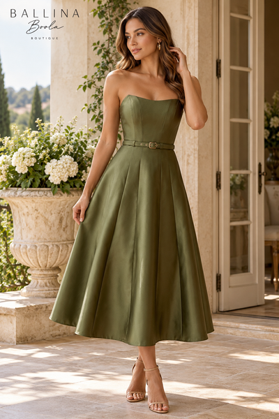 Vestido midi strapless olive