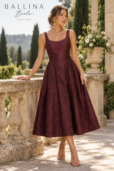 Vestido vino midi con textura
