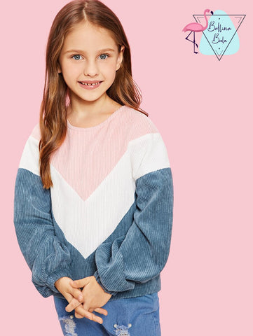 Sweater para niña rosa blanco y celeste de corduroy