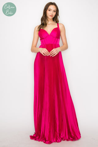 Vestido fucsia plisado de satin